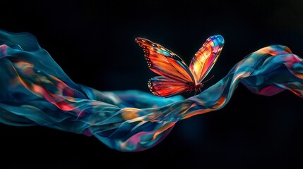 Aufkleber - Butterfly dancing with colorful ribbons nature artistic photography dark environment close-up view surreal concept