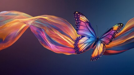 Poster - Vibrant butterfly emerges from colorful ribbons nature artistic beauty fantasy close-up transformation