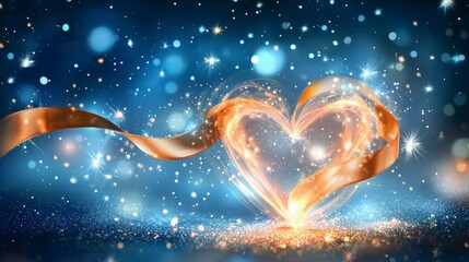 Poster - Radiant heart shaped glow ribbon enchanted night sky digital art fantasy world aesthetic perspective surreal illumination