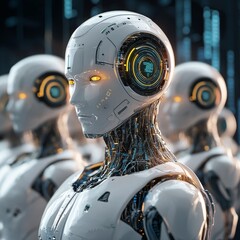 Poster - Futuristic Humanoid Robots With Glowing Eyes and Intricate Circuitry Standing in a High-Tech Environment During the Day