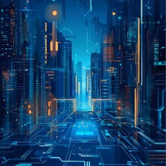 Aufkleber - Futuristic Cityscape Illuminated by Blue and Orange Neon Lights With Digital Elements Reflecting Advanced Technology and Urban Living