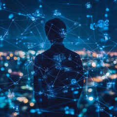 Aufkleber - Silhouette of a Person Overlooking a City Skyline While Immersed in Data Visualizations and Digital Networks at Night