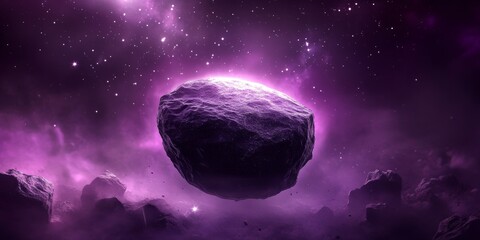 Poster - Celestial Rock Floating in Vibrant Purple Cosmic Space Surrounded by Distant Stars and Nebulae at the Heart of the Galaxy