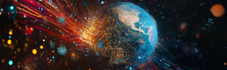 Poster - Creative Depiction of Earth With Glowing Trails and Vibrant Colors Showcasing a Cosmic Perspective of Our Planet and Dynamic Energy in Space