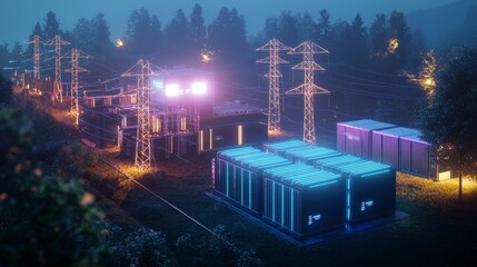 Fototapete - Smart grid visualization power station digital art nighttime aerial view energy distribution concept