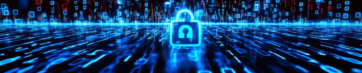 Aufkleber - Digital Padlock Symbolizing Cybersecurity and Data Protection Amid a Backdrop of Binary Code and Glowing Lines