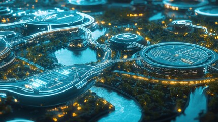 Poster - Innovative urban infrastructure futuristic city digital art nighttime aerial view net zero emissions concept