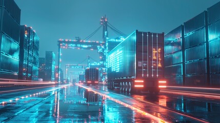Poster - Futuristic supply chain operations urban dockyard digital art nighttime elevated viewpoint technology integration