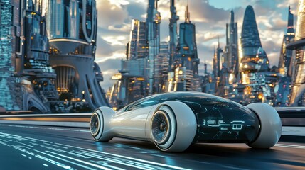 Leinwandbilder - Sleek self-driving car navigates futuristic cityscape urban environment digital art dynamic perspective innovation