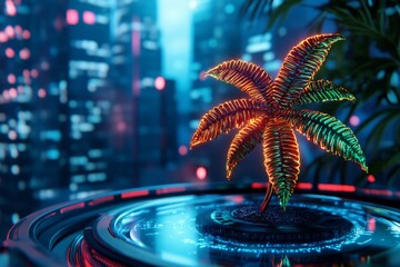 a glowing holographic gmo organism with digital strands of dna and geometric plant patterns, floatin
