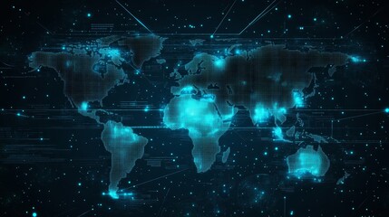 Poster - Digital Representation of the World Map With Glowing Points and Grid Patterns Illustrating Global Connectivity and Technology Advancements