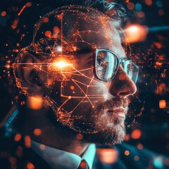 Poster - Professional Man With Glasses Engages With Futuristic Technology and Neural Network Concepts in a Dimly Lit Urban Environment at Night