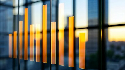 Poster - Modern Office Graphs and Data Visualization at Sunset with City Reflection