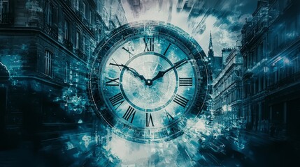 Poster - Translucent clock face shifting images in urban landscape artistic digital creation timeless concept dynamic view