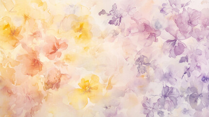 Soft watercolor florals in pastel tones, subtly scattered across a pale grayish-white background,