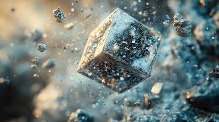 Poster - Cube disintegrating into particles abstract setting digital art dynamic environment close-up view conceptual visualization