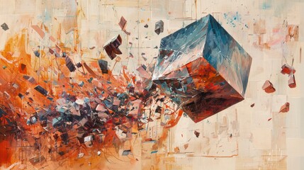 Poster - Dramatic cube shattering midair abstract art creative studio colorful environment dynamic perspective disintegration concept