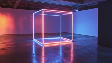 Aufkleber - Contemporary space pulsing neon geometric frame installation in modern art gallery