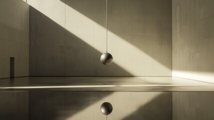Aufkleber - Frozen pendulum capture of tension amidst minimalist architecture reflective space serene environment artistic perspective