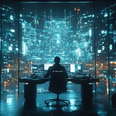 Aufkleber - Innovative Technology Workspace With a Person Analyzing Data Against a Futuristic City Backdrop at Night