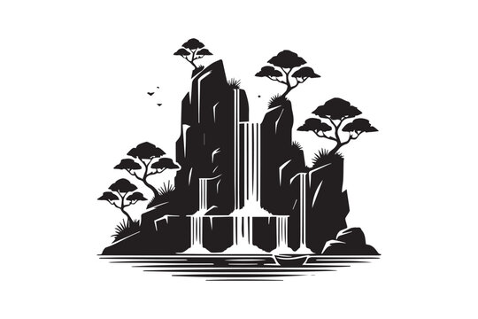minimalist nature waterfall  vector silhouette black color in white background