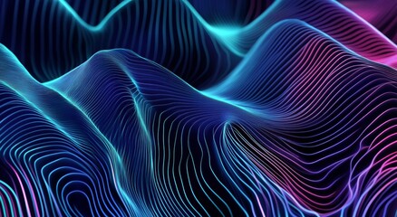 Poster - Colorful Abstract Waves in Vibrant Blues and Purples Create a Mesmerizing Digital Landscape Resembling Sound Waves or Flowing Water