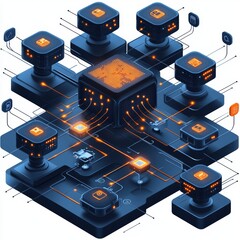 Fototapete - Innovative Technology Concept Displaying a Central Processor Connected to Multiple Microchips and Data Streams in a Futuristic Digital Network Environment