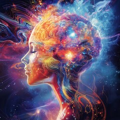 Poster - Vibrant Depiction of a Woman's Profile Surrounded by an Explosion of Colors Representing Creativity and Intelligence in an Abstract Cosmic Setting
