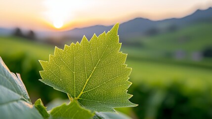 Wall Mural - A close up of a green leaf with the sun setting in the background