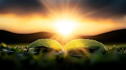 Wall Mural - A green leaf in the middle of a field with the sun setting behind it