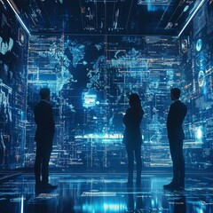 Poster - Business Professionals Analyzing Digital Data Projections in a High-Tech Environment at a Corporate Headquarters During a Strategic Meeting