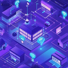 Poster - Exploration of a Futuristic Urban Landscape Showing Interconnected Buildings and Wireless Technology in a Vibrant Digital Environment