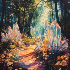 Wall Mural - A painting of a path through a forest filled with crystals