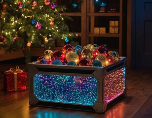 Wall Mural - A vibrant display of colorful ornaments in a illuminated box near a decorated Christmas tree.