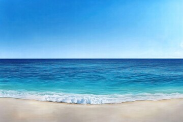 Wall Mural - Vast ocean meets sandy beach under a clear blue sky, tranquil seaside view