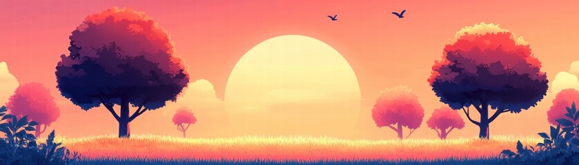 Wall Mural - A serene sunset landscape with colorful trees silhouetted against a vibrant sky.
