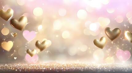 Wall Mural - Abstract romantic background with soft blush pinks, golden light sparkles and heart-shaped bokeh lights floating gracefully