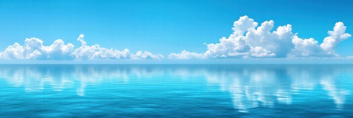 Wall Mural - Serene ocean view with clear blue water and fluffy clouds reflecting on the surface.