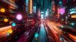 © afrah - Abstract urban background with blurred traffic lights, glowing neon signs and vibrant bokeh dots in a dynamic composition