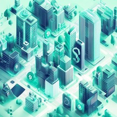 Poster - Urban Cityscape With Modern Buildings and Digital Financial Symbols in a Green Color Palette Representing Technology and Innovation in Finance
