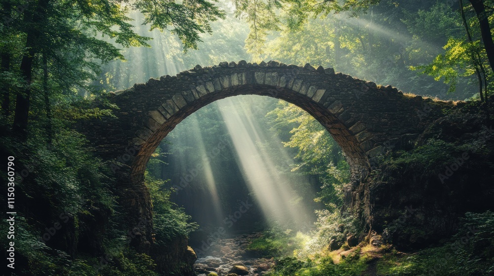 View from a stone bridge arching over a ravine in the middle of a dense ...