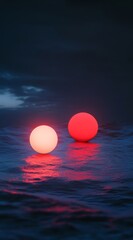 Poster - Spheres of Light Glowing Over Dark Ocean Waters at Twilight, Creating a Mesmerizing Reflective Effect