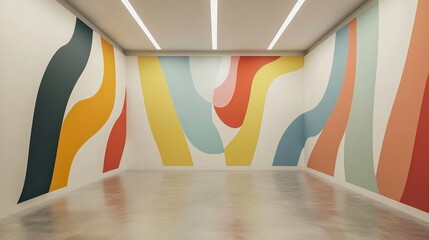 Poster - Vibrant Abstract Mural in a Modern Art Gallery Showcasing Colorful Lines on Canvas in a Spacious Exhibition Room