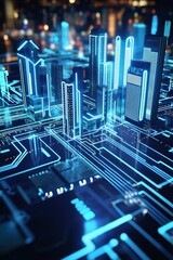 Aufkleber - Futuristic Cityscape Illuminated With Glowing Blue Circuits Showcasing Modern Architecture and Advanced Technology at Night