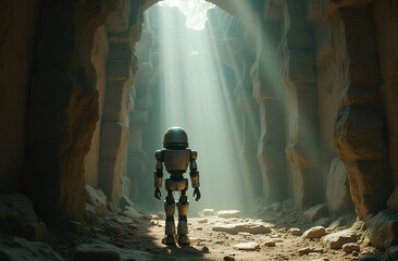 Wall Mural - robot exploring ancient ruins with light beams through cracked walls