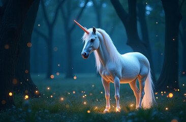 Wall Mural - shimmering unicorn in a moonlit forest with glowing fireflies