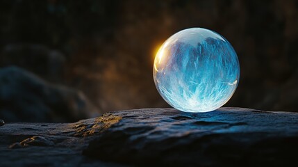 Poster - Ethereal Crystal Ball Reflecting Light on a Rocky Surface in a Mystical Environment
