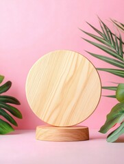 Aufkleber - Minimalist Wooden Display Stand on Pink Background with Green Leaves