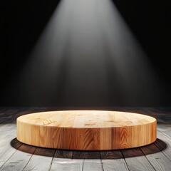 Poster - Wooden Round Platform Illuminated by Dramatic Light in Studio
