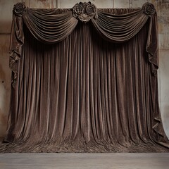 Poster - Elegant Brown Velvet Drapery with Floral Accents in a Studio Setting